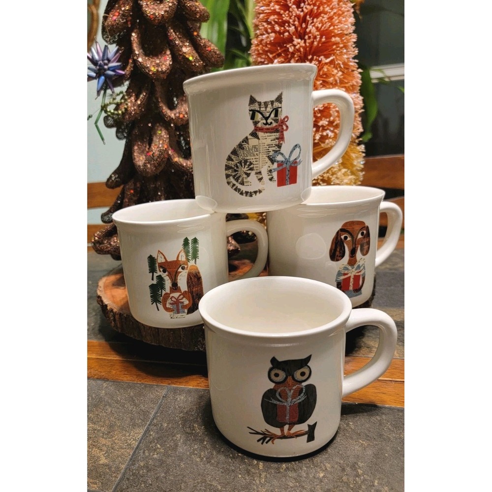 (4) Pottery Barn Denise Fiedler Whimsical Christmas Mugs Cat Fox Owl Dog 16 Oz‎